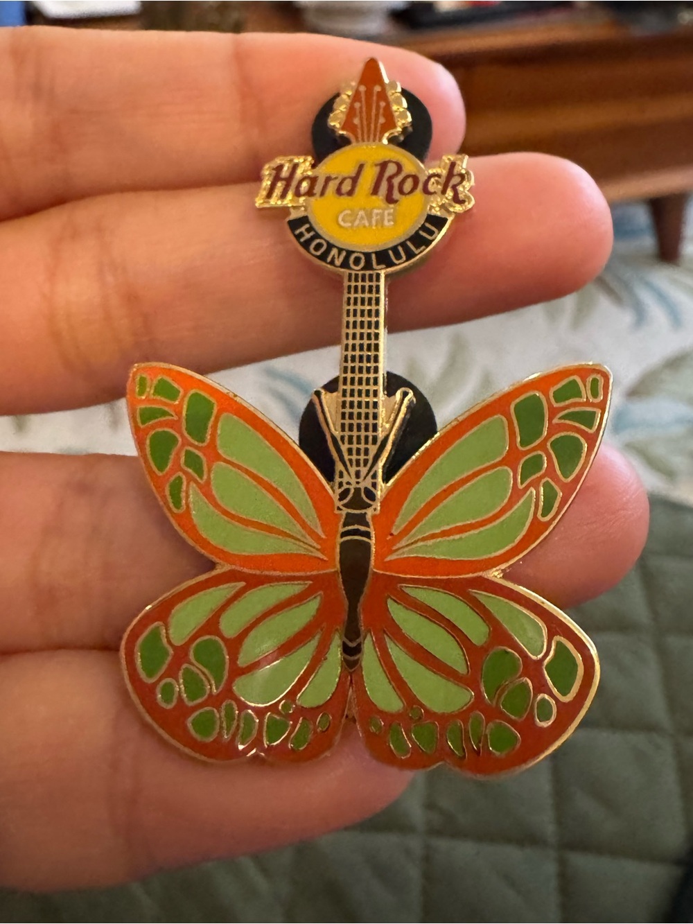 Hard Rock Cafe Honolulu Butterfly Guitar Pin - Orange & Light Green